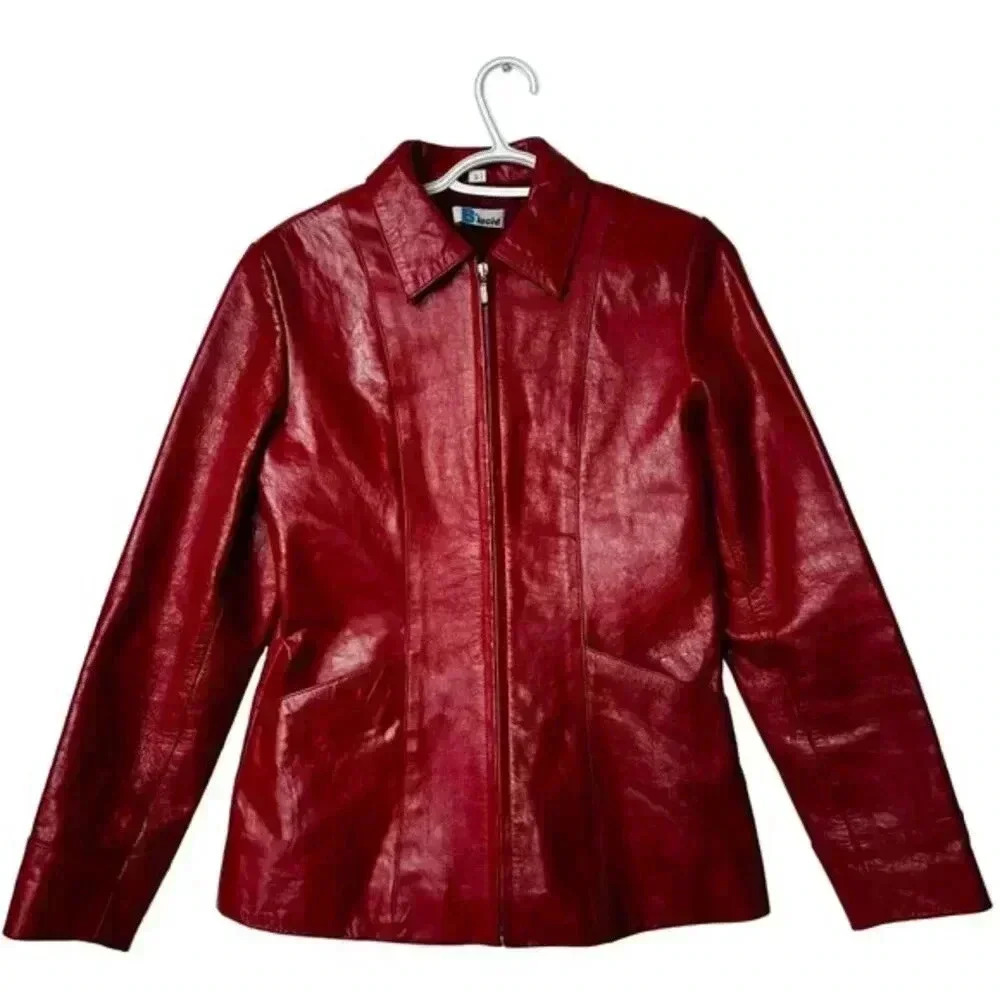 Y2K Genuine Leather Zip Jacket B*Lucid Cherry Red Fitted Moto Size Small - Picture 2 of 16